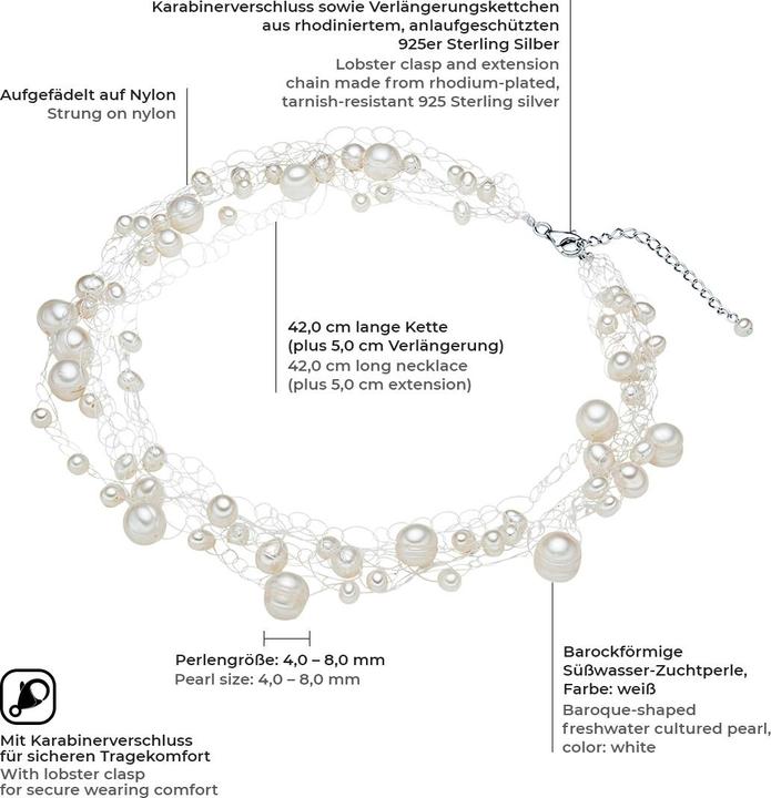 Produktbild Valero Pearls Damen Sterling Silber Süsswasser-Zuchtperle silber 42,0 cm Basiskette + 5,0 cm Verlängerung - 2882 (Sterling Silber, 42 - 47 cm)