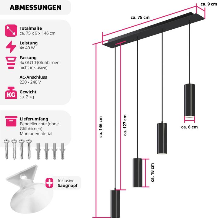 Produktbild tectake Pendelleuchte Lumea, 4-flammig, längenverstellbare Kabel (GU10)
