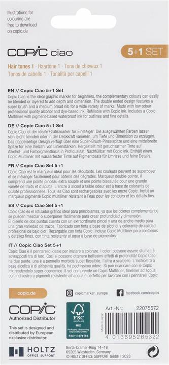 Immagine prodotto Copic Pennarello ciao, 5+1 Set "Toni capelli 1 (Giallo, Marrone, Camoscio, 0.30 mm, 6 x)