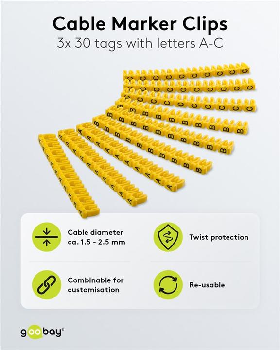 Produktbild Goobay Kabelmarker-Clips "Buchstaben A-C", für Kabeldurchmesser bis 2,5 mm, 2.5 mm