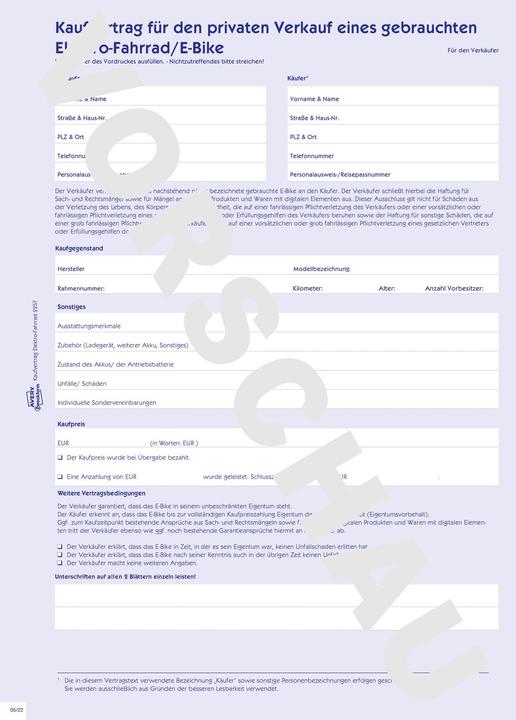 Image du produit Avery Contrat de vente pour la vente privée d'un vélo électrique/bicyclette d'occasion (4 x)