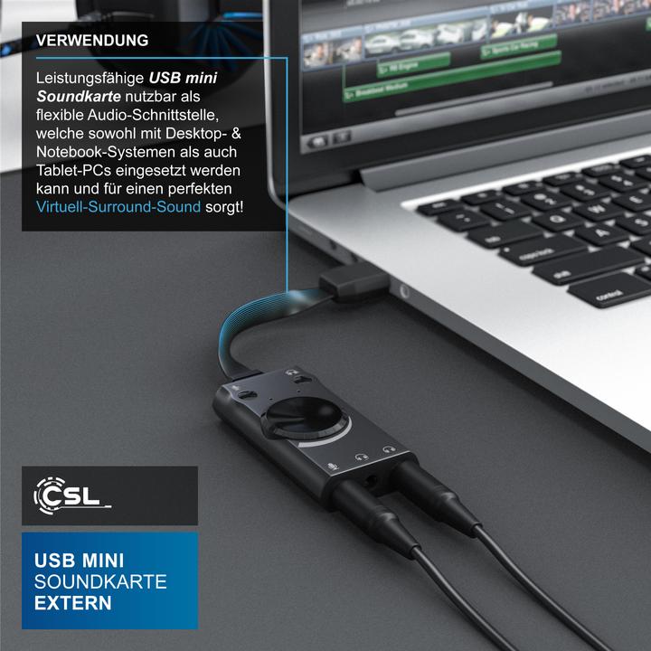 Produktbild CSL USB Soundkarte Surround Sound, mini externe USB Soundkarte mit Lautstärkenregelung (USB 2.0)