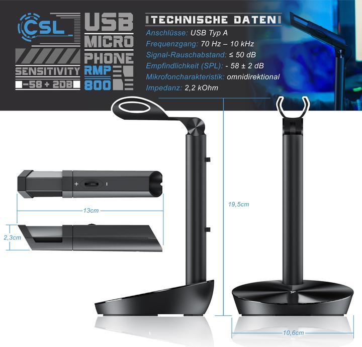 Produktbild CSL Streaming Mikrofon, USB Desktop Mikro mit Windschutz RMP 800 Tischmikrofon / Standmikrofon