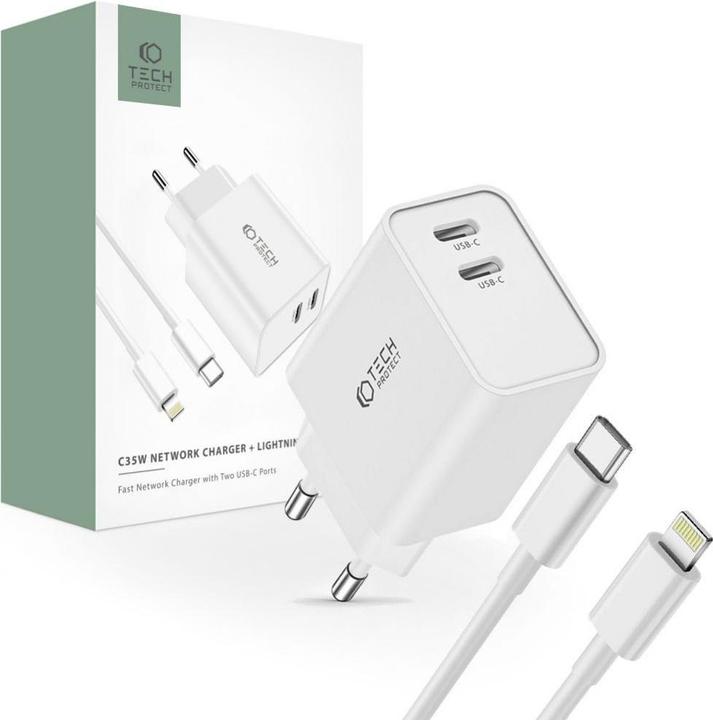 Tech-Protect C35W 2x USB-C PD 35W network charger with USB-C / Lightning cable - white (35 W)