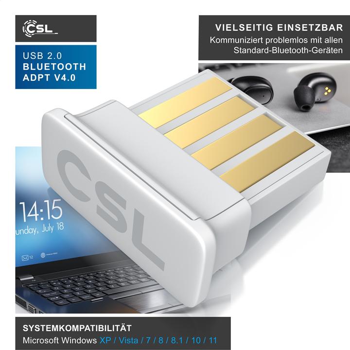 Image du produit CSL Adaptateur USB Bluetooth, clé USB BT4.0, longue portée, pilote inclus Compatible Windows 11 (Emetteur & Récepteur)