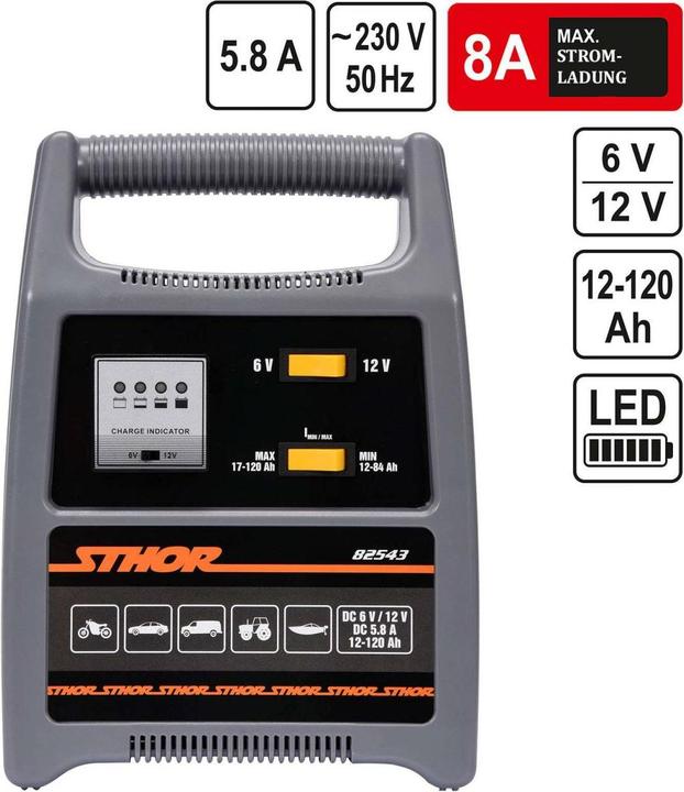 Image du produit Sthor 6V/12V Chargeur de batterie automatique 8A 120Ah (12V, 8 A)