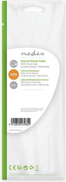 Produktbild Nedis Interne Stromkabel | SATA 15-Pin Stecker | FDD Buchse / Molex Buchse | Vergoldet | 0.20 m | ru