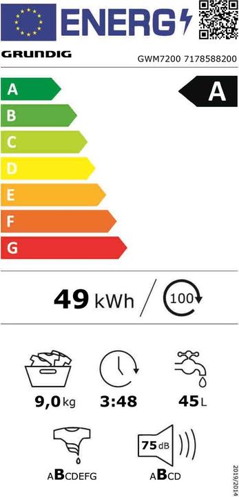Energie-Label Grundig Waschmaschine WM7200, 9kg, A, weiss (9 kg)