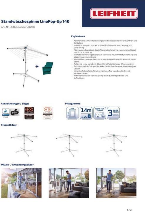 Produktbild Leifheit Standwäschespinne LinoPop-Up 140 (14 m)