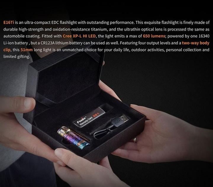 Actual product image Fenix E16 Ti Titan LED Flashlight with li-Ion Battery and Micro-USB Charging Cable (5.10 cm, 650 lm)
