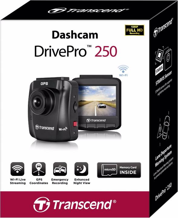 Immagine prodotto Transcend DrivePro 250 incl. 32GB microSDHC TLC (WiFi, Display integrato, Bluetooth, Accumulatore di carica elettrica, Ricevitore GPS, Full HD)