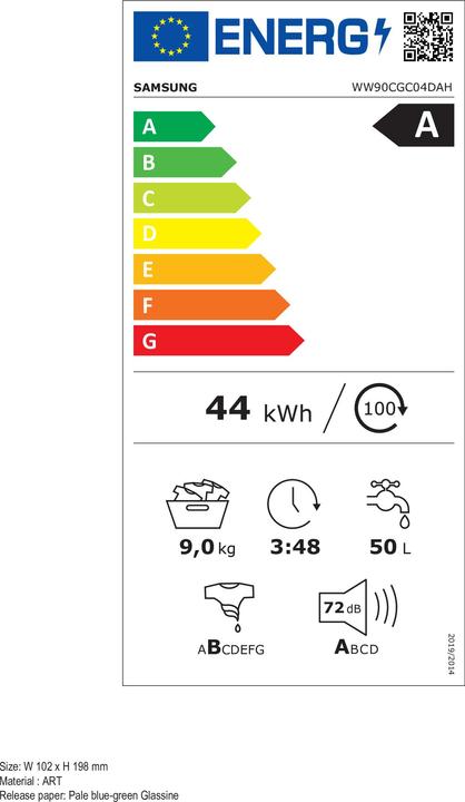 Label énergétique Samsung WW90CGC04DAHET Lave-linge Crystal Clean (9 kg, Gauche)