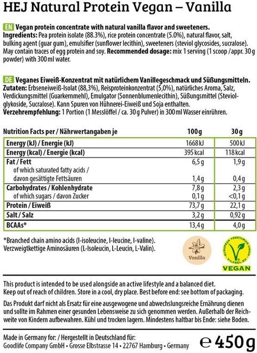 Nährwerte und Zutaten HEJ Nutrition Protein Vegan (450g) (Chocolate, Vanille, 1 Stk., 450 g)