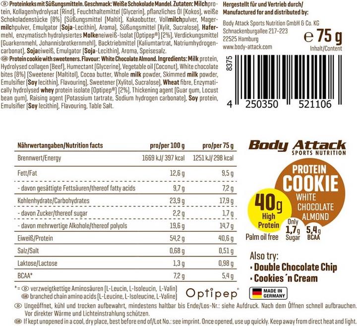Valori nutrizionali e ingredienti Body Attack Biscotto proteico (75g) (Doppio Chip al Cioccolato, Cioccolato bianco, 1 pz., 75 g)
