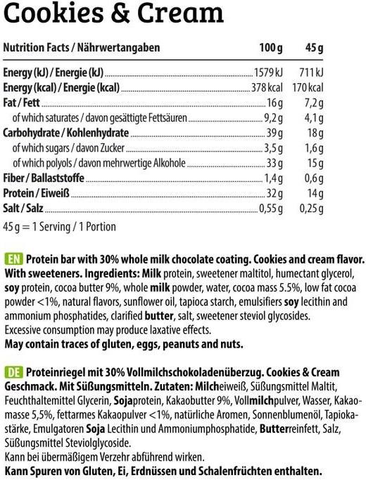 Nutritional values and ingredients HEJ Nutrition HEJ Crispy Protein Bar (45g) (Cookies and Cream, 1 pcs., 45 g)