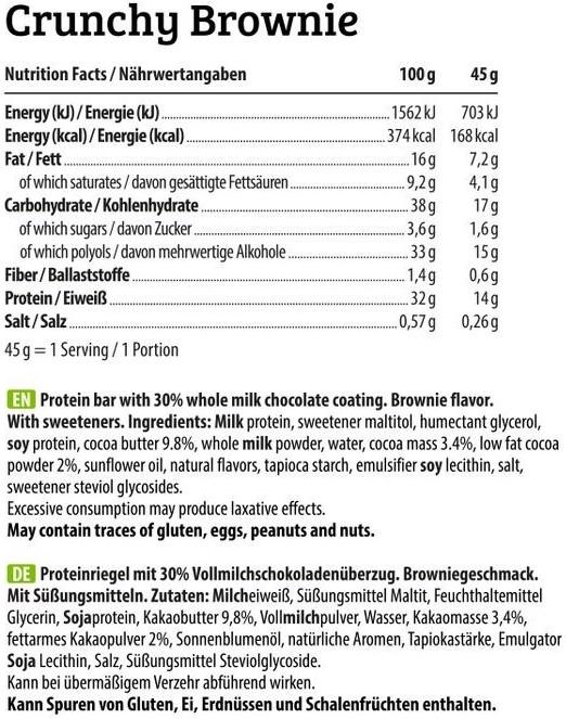 Valeurs nutritives et ingrédients HEJ Nutrition HEJ Crispy Protein Bar (45g) (Brownie croustillant, 1 pcs, 45 g)