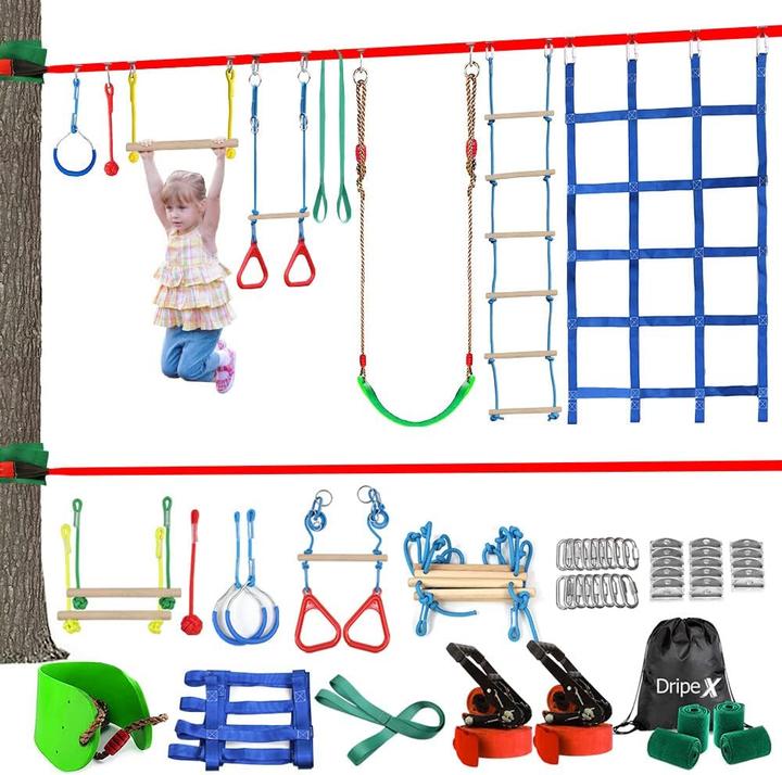 Immagine prodotto Dripex Ninja Slackline Set mit Hindernisparcours (30m, 10 Hindernisse) (30 m)