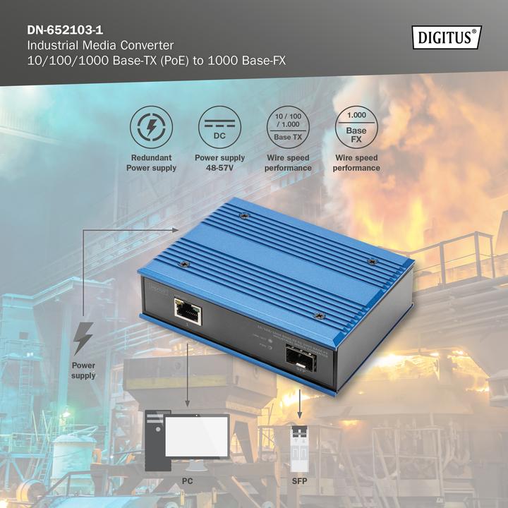 Image du produit Digitus 10/100/1000 Base-TX to 1000 Base-FX Industrial Media Converter (2 Ports)