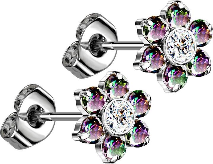 Image du produit Star Piercing Threadless clous d'oreille argent fleur cristaux foncés multicolores (sans laitonTitan G23, Acier chirurgical 316Laiton sans plombMinéral)