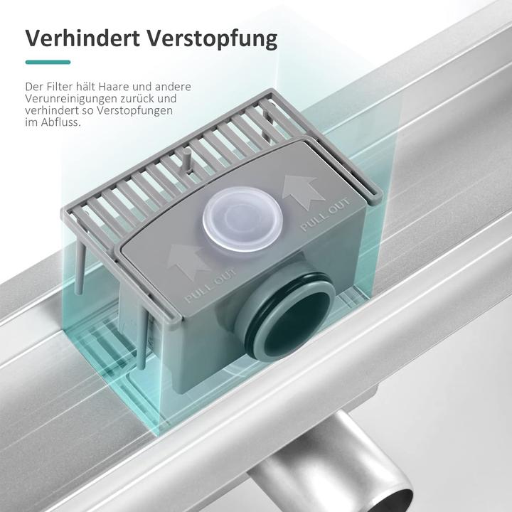 Produktbild Emke Duschrinne Edelstahl, Bodenablauf Komplettset Siphon mit Geruchsstop, Haarsieb, 1100cm (1100 mm)