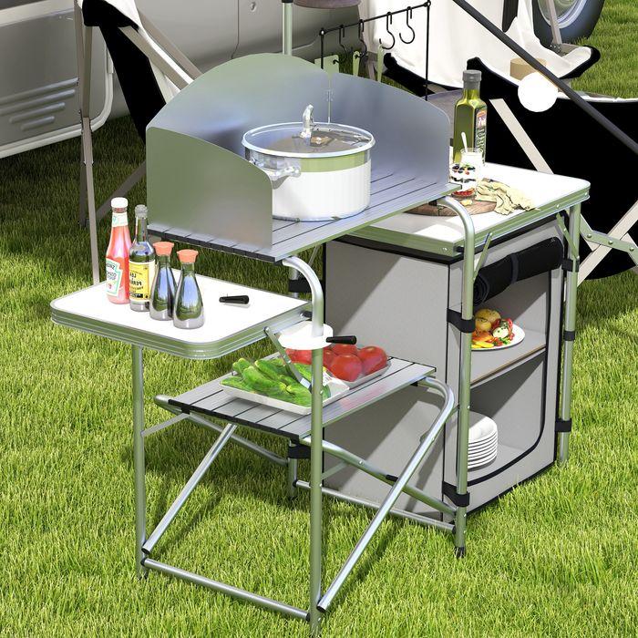Produktbild Swisshandel24 Campingküche, faltbar, 3 Arbeitsplatten, Windschutz, Stoffschrank, 144x48x119cm, Silber