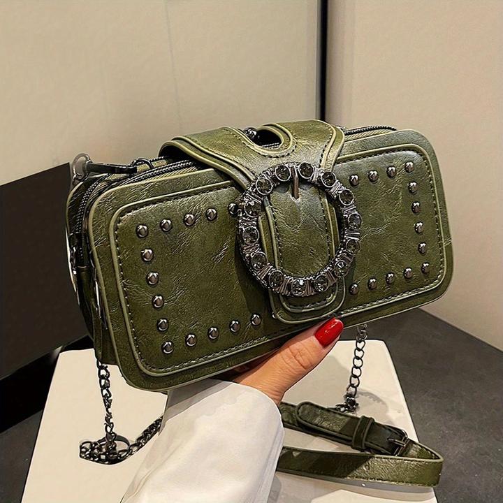 Image du produit Only-Bags.Store Mode Retro-Kupplungstasche Nieten-Motorradtasche Ketten-Umhängetasche Schwarze Handytasche