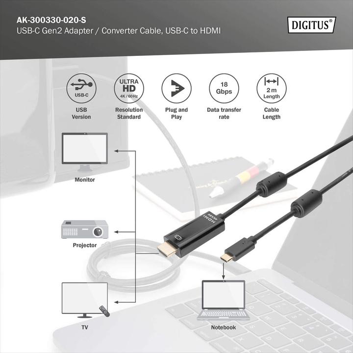 Immagine prodotto Digitus USB Typ C — HDMI (Typ A) (2 m, HDMI)
