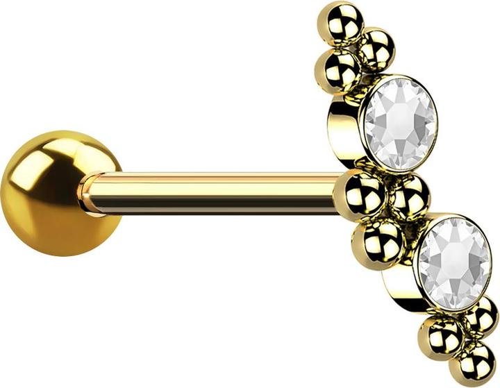 Produktbild Star Piercing Micro Barbell vergoldet mit Kugel zwei Kristallen dunkel multicolor und Kugeln (ohne Messing, Chirurgenstahl 316L)