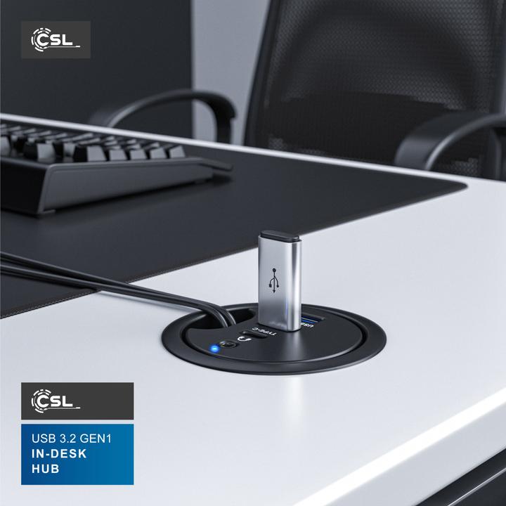 Actual product image CSL Multi hub for desktop cable entry: 2x USB 3.2 Gen1, 1x USB-C, 1x 3.5mm audio, desktop cable socket (USB-A, 4 Ports)