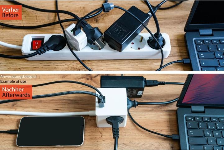 Actual product image Kabelmeister Socket cube 3-way USB-C USB-A, white, 2m (2 x, USB-A, USB-C, 2 m)