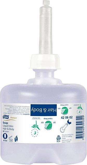 Produktbild Tork Hair & Body Mini Flüssigseife - 420602 - 2-in-1 Duschgel und Shampoo für S2 Spender-Systeme - P (475 ml)