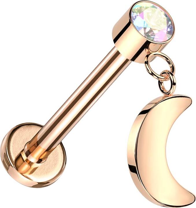 Actual product image Star Piercing Micro threadless labret rose gold cylinder rose gold crystal multicolour pendant moon rose gold (Titanium G23, without brass)