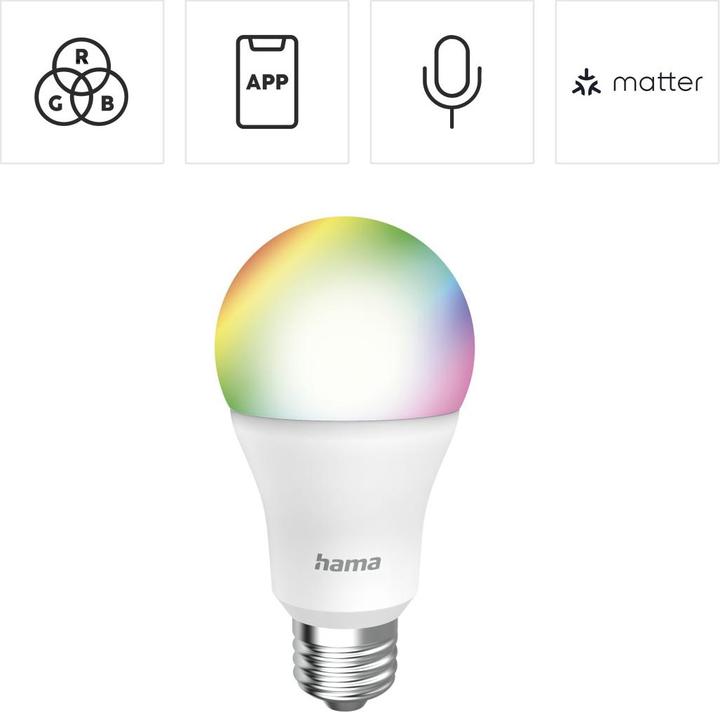 Image du produit Hama Ampoule LED WLAN intelligente, E27, Matter, 9W, RGBW, pour contrôle vocal/par application (E27, 9 W, 806 lm, 1 x, F)