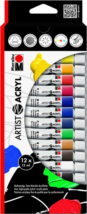 Produktbild Marabu Artist Acryl assortment (Violett, Weiss, Braun, Rot, Gold, Schwarz, Blau, Dunkelblau, Hellgrün, Gelb, Grün, Kupfer, Orange, 12 ml)