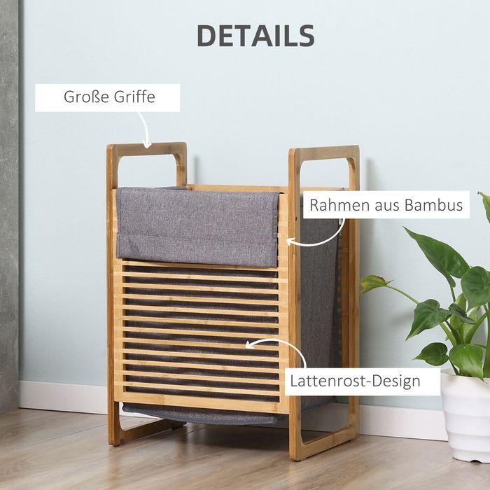 Image du produit Swisshandel24 Panier à linge avec sac à linge lavable et sac à linge en bambou polyester lin Nature+Gris
