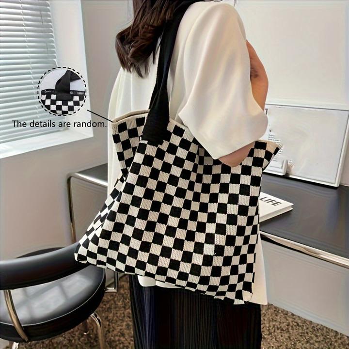 Produktbild Only-Bags.Store Kariert gestrickt Umhängetasche, Trendy Plaid Pattern Tote Bag, grosse Kapazität Handtasche für