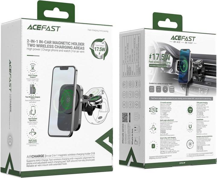 Produktbild Acefast D18 Autohalterung mit MagSafe / Qi-Induktionsladegerät + USB-A USB-C-Kabel - Schwarz