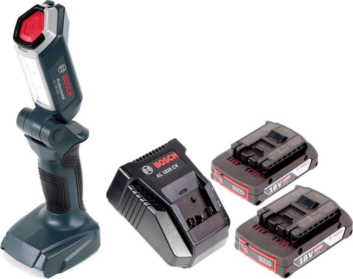 Bosch Professional GLI 18V-300 Akku Lampe + 2x GBA 18 V 2,0 Ah Akku + AL 1820 CV Ladegerät (300 lm)