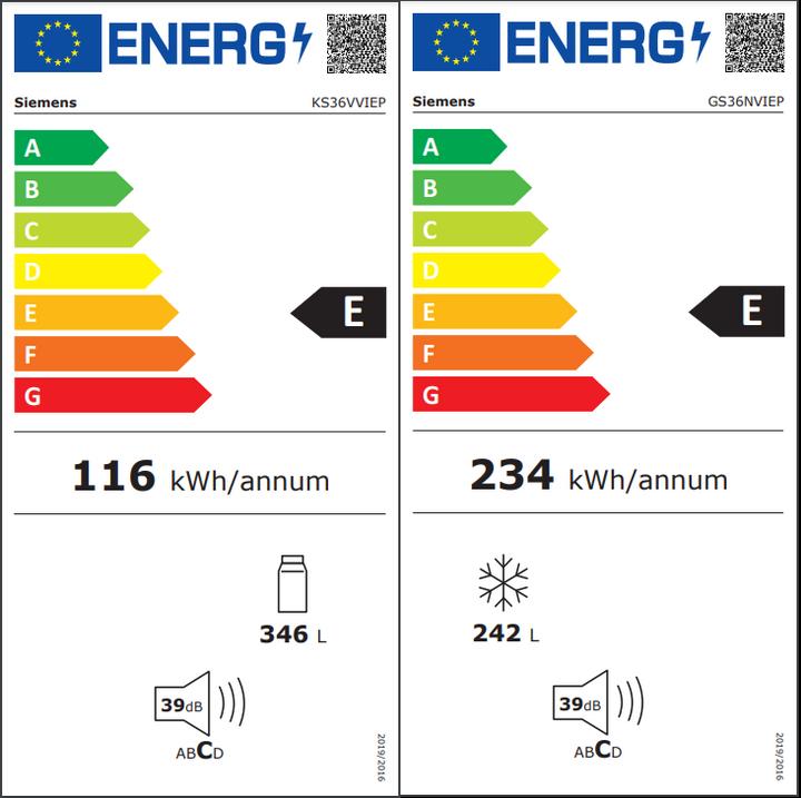 Energie-Label Siemens KA95NVIEP Kühlkombi Side-by-Side (588 l)