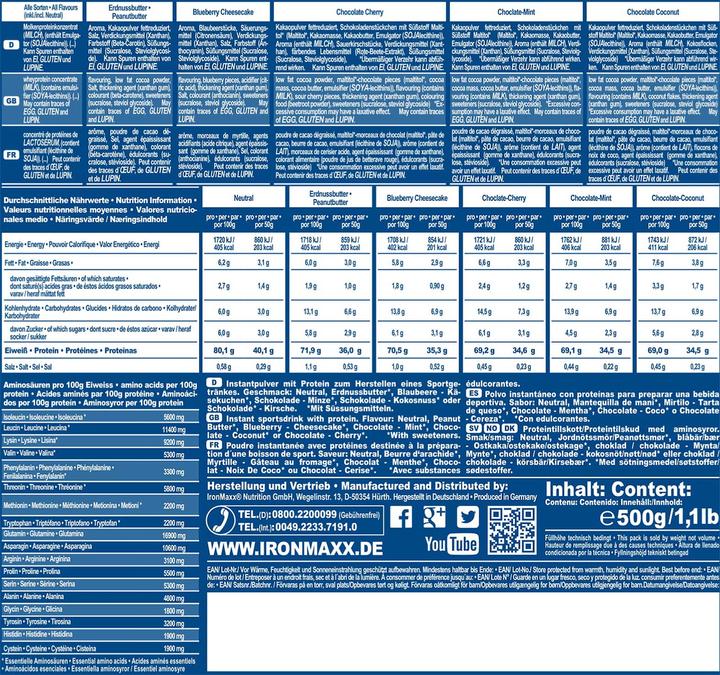 Nährwerte und Zutaten IronMaxx 100% Whey Protein (500g Beutel) (Erdbeer, 1 Stk., 500 g)