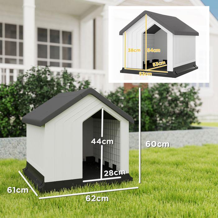 Produktbild Swisshandel24 Hundehütte, wetterfest, Fenster & Tür, für kleine Hunde bis 10kg/40cm Länge, 62x61x60cm, Grau/Weiss (Hundehütte)