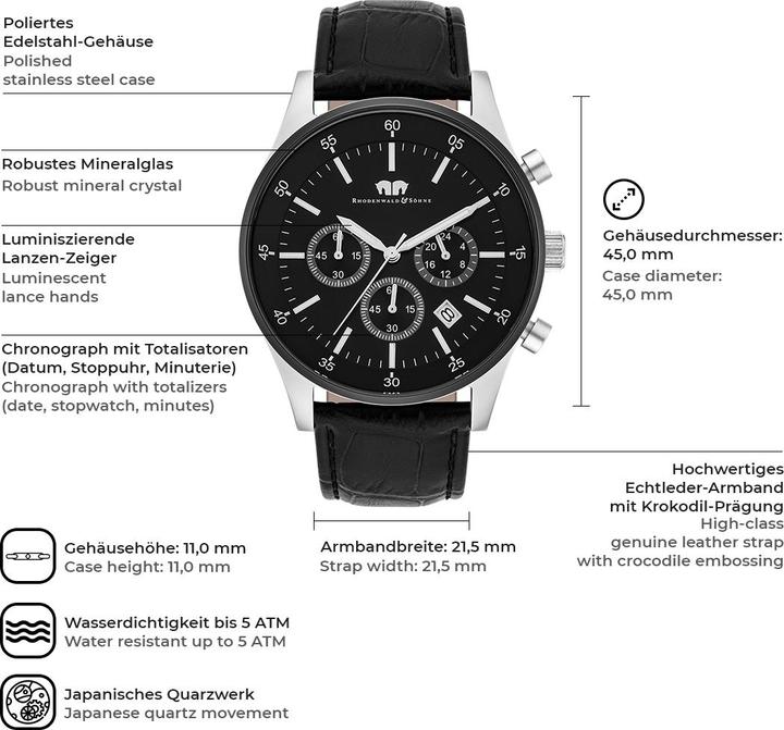 Actual product image Men Chronograph Goodwill Genuine Leather Black - 4406 (Chronograph, 45 mm)