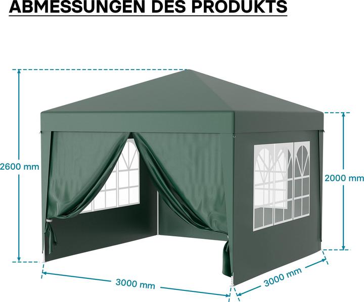 Produktbild Wiltec Pavillon 3x3m in Grün mit UV-Schutz 50+ Gartenpavillon Partyzelt Camping (300 cm, 300 cm)