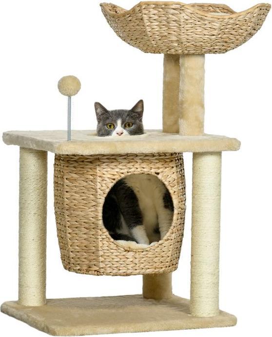 Produktbild Swisshandel24 Kratzbaum Klein, 74 cm mit Katzenhöhle, Spielball, mit Bett, bis 5kg, Beige (74 cm, Beige)