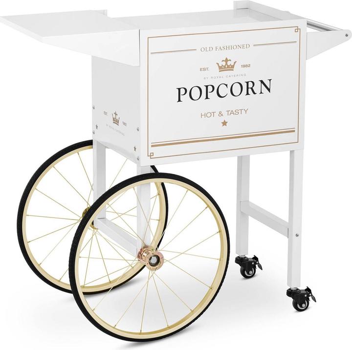 Produktbild Royal Catering Popcornwagen Wagen für Popcornmaschine Popcorntrolley 2 Bremsen weiss & golden