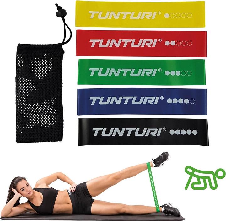 Produktbild Tunturi Mini Resistance Band Set 5 Stück - 5 Gummi Gymnastikbänder mit Netztasche (0.50 m, Extra Leicht, Leicht, Mittel, Stark, Extra Stark)