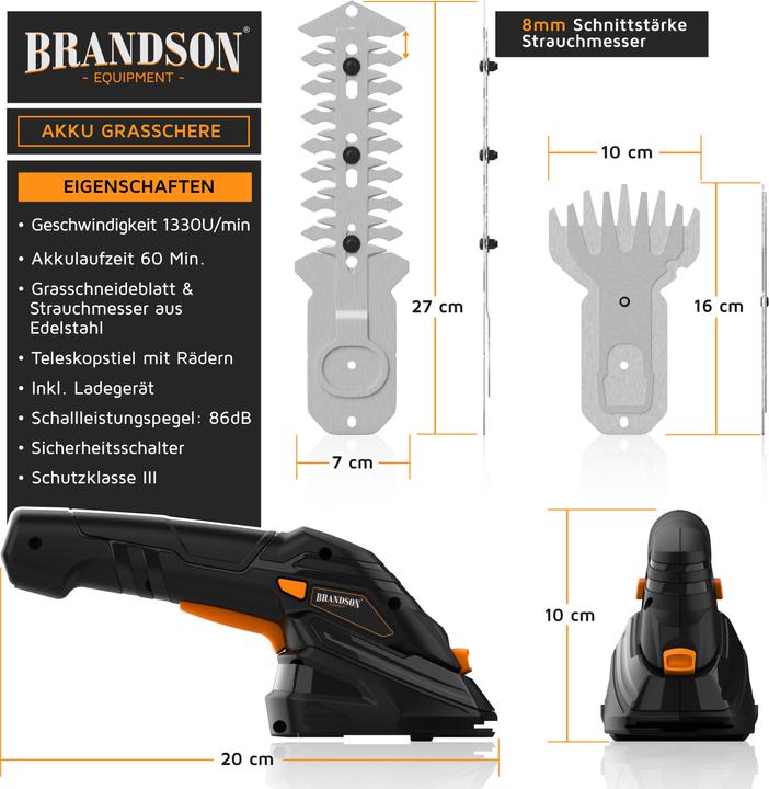 Actual product image Brandson Cordless grass shears, electric garden shrub shears, telescopic pole 90-130 cm with wheels, lawn (Cordless hedgecutters)