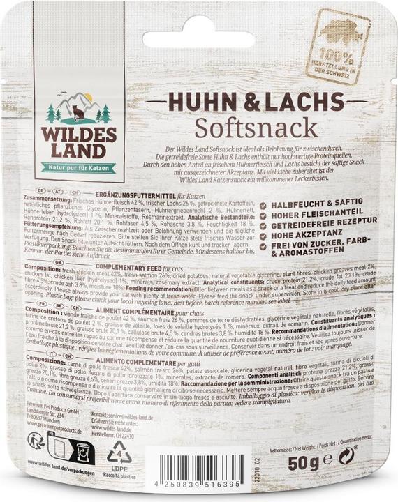 Nährwerte und Zutaten Wildes Land Softsnack Huhn & Lachs 50 g, Snackart: Leckerli (Adult, 1 Stk., 50 g)