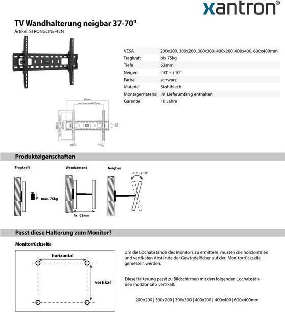 Immagine prodotto Xantron Supporto a parete per TV inclinabile (Muro, 70", 75 kg)