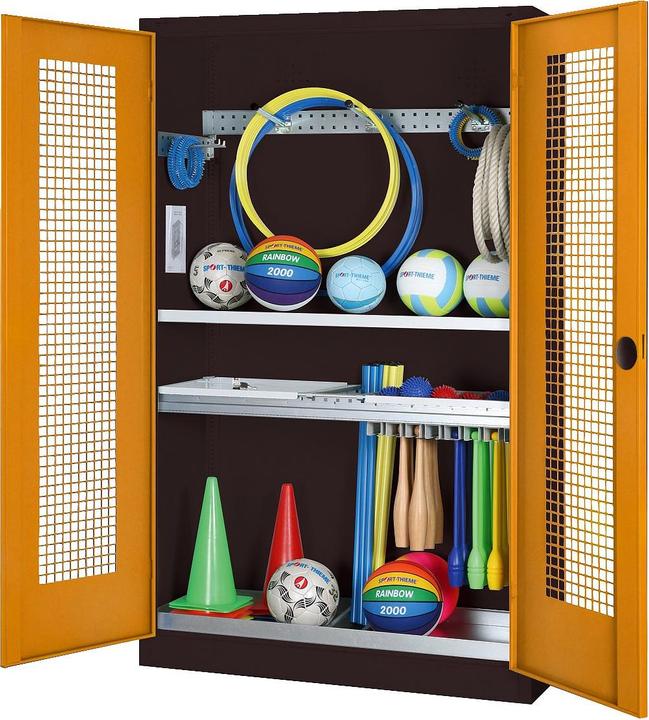 Produktbild C+P Modul-Sportgeräteschrank mit Komplettausstattung (HxBxT: 195x120x50 cm, mit Lochblech-Flügeltüren)